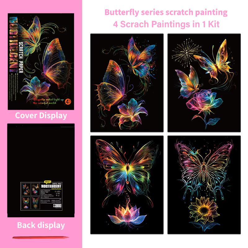 Glow in the Dark Butterfly Scratch Painting Kit – Neon Wings & Floral Magic