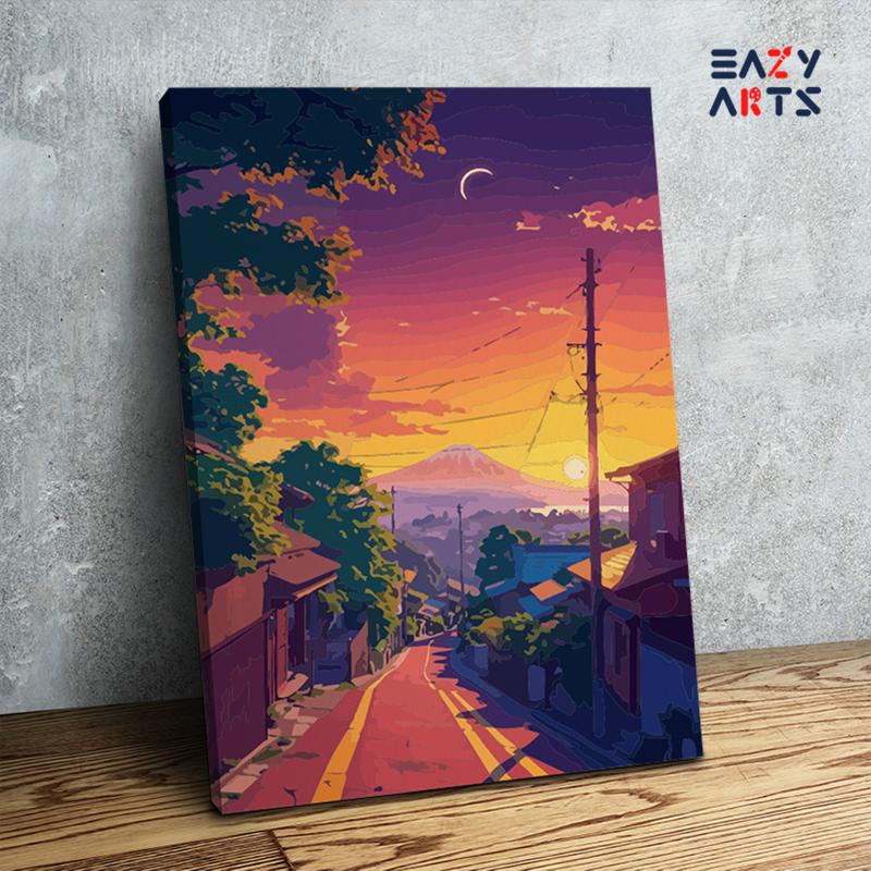 DIY Paint by numbers kit - Sunset Over Serene Village Path Paint by Numbers Kit