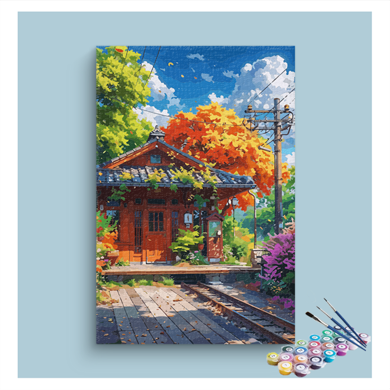 DIY Painting Kit -Autumn Train Station Retreat Paint by Numbers Kit