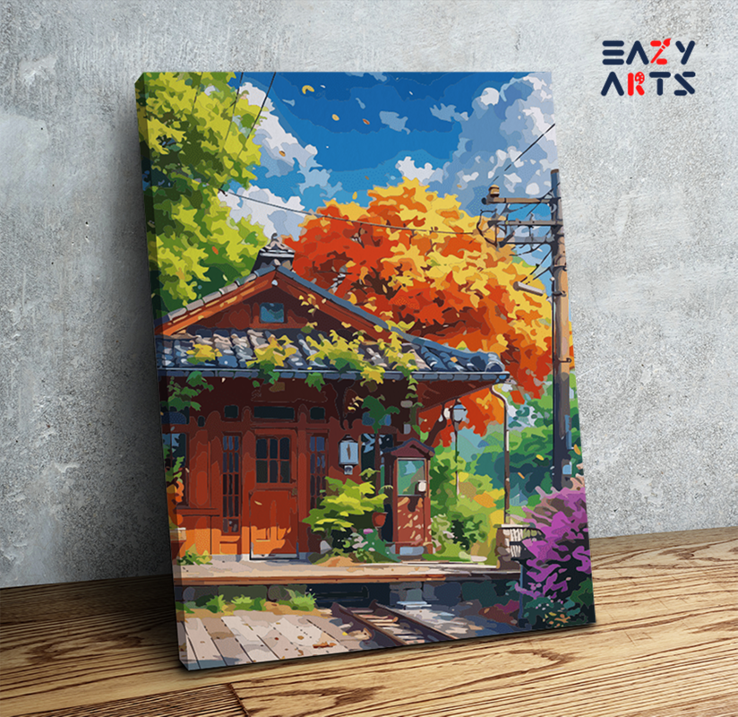 DIY Paint by numbers kit - Autumn Train Station Retreat Paint by Numbers Kit