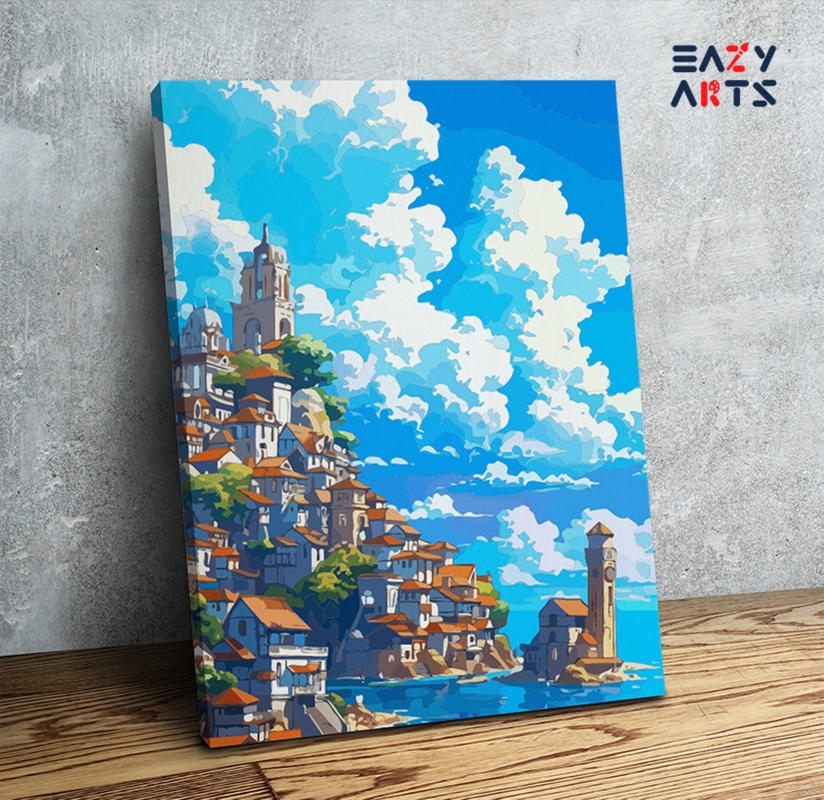 DIY Paint by numbers kit - Seaside Mediterranean Village Paint by Numbers Kit