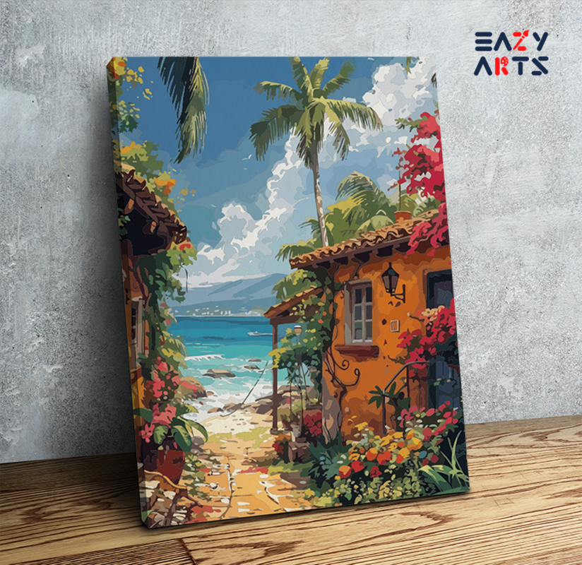 DIY Paint by numbers kit - Tropical Seaside Cottages Paint by Numbers Kit