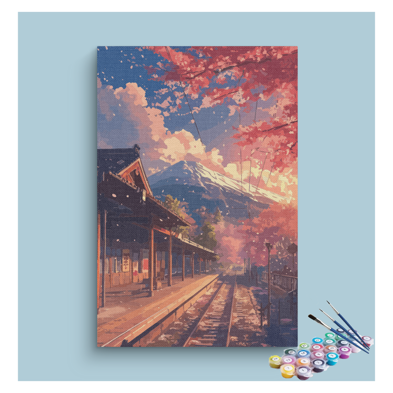DIY Painting Kit -Autumn Train Station with Mountain View Paint by Numbers Kit