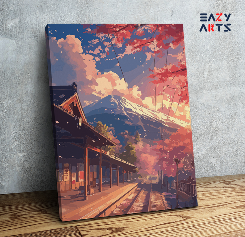 DIY Paint by numbers kit - Autumn Train Station with Mountain View Paint by Numbers Kit