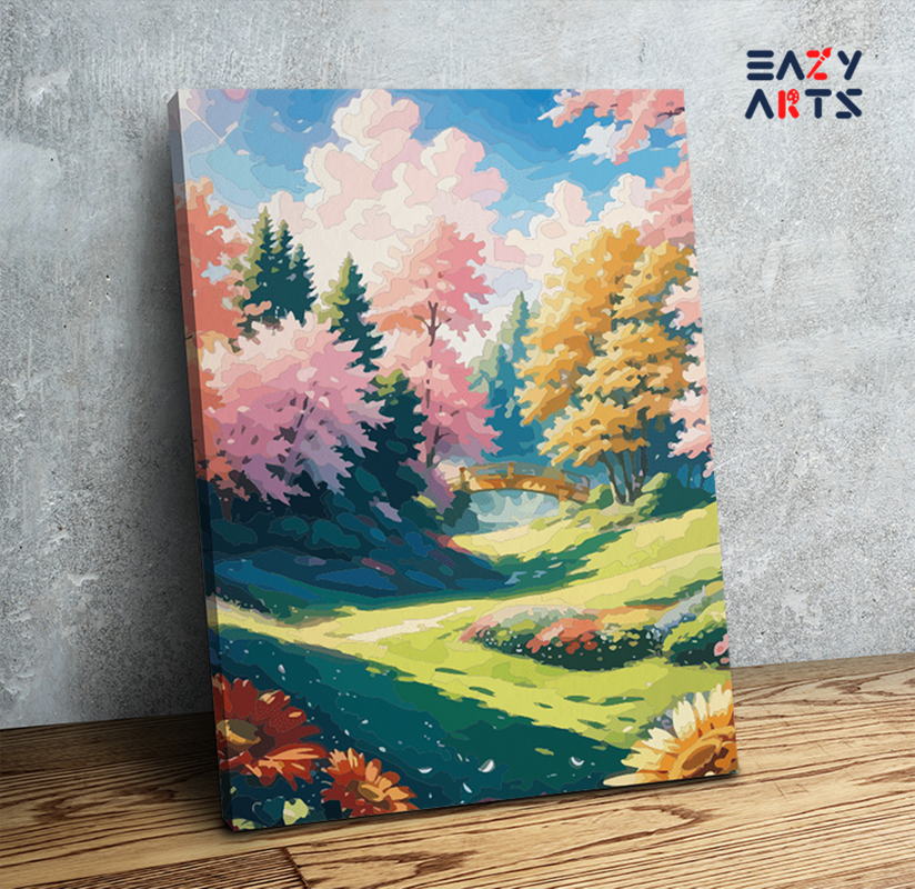 DIY Paint by numbers kit - Sunlit Meadow with Bridge Paint by Numbers Kit