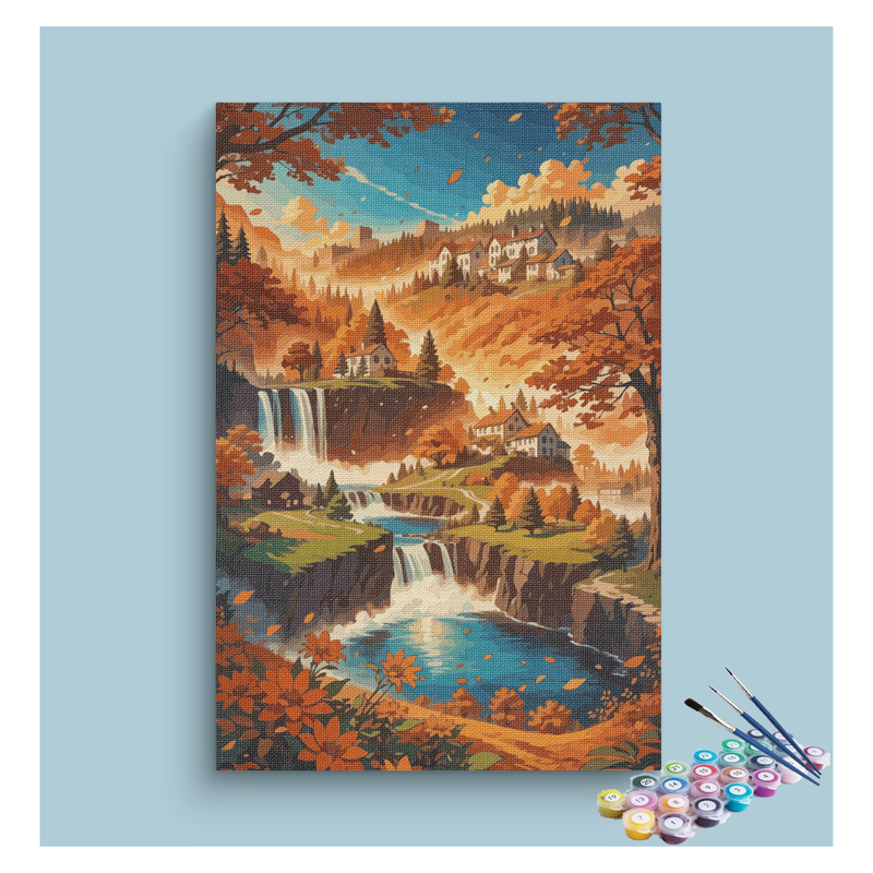 DIY Painting Kit -Autumn Waterfall Village Paint by Numbers Kit