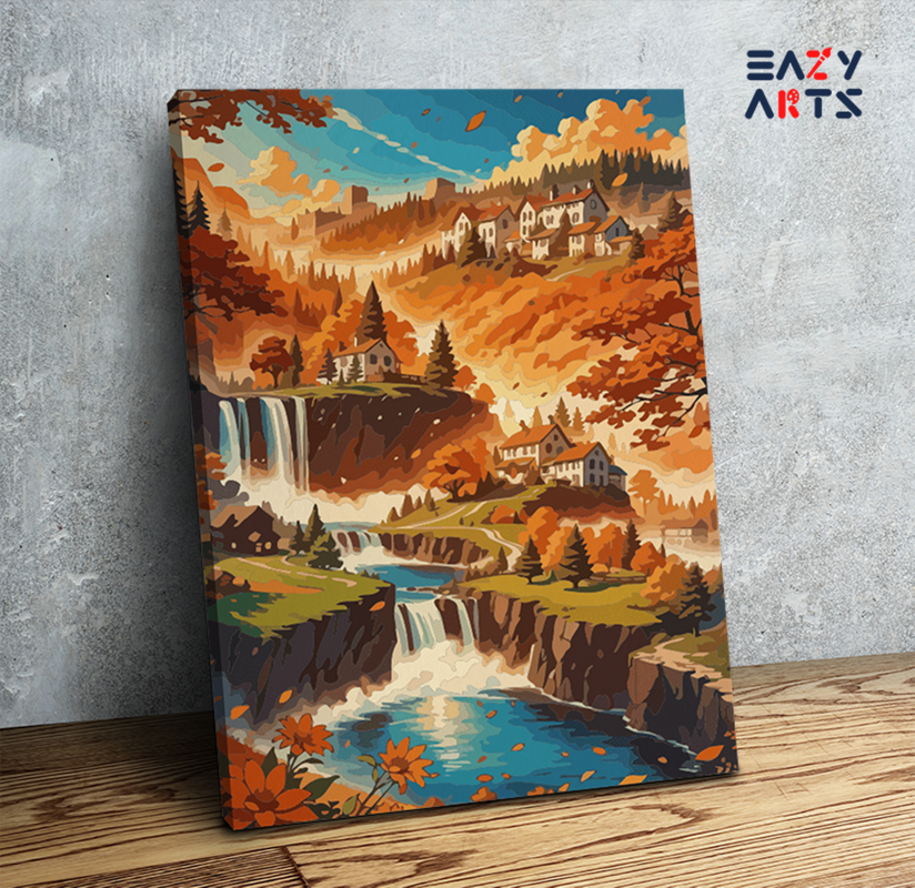 DIY Paint by numbers kit - Autumn Waterfall Village Paint by Numbers Kit