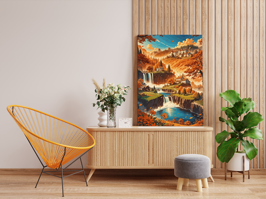 DIY PBN Kit - Autumn Waterfall Village Paint by Numbers Kit