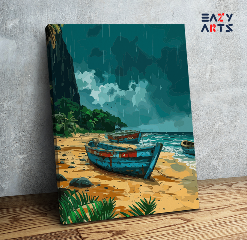 DIY Paint by numbers kit - Rainy Shoreline Boats Paint by Numbers Kit