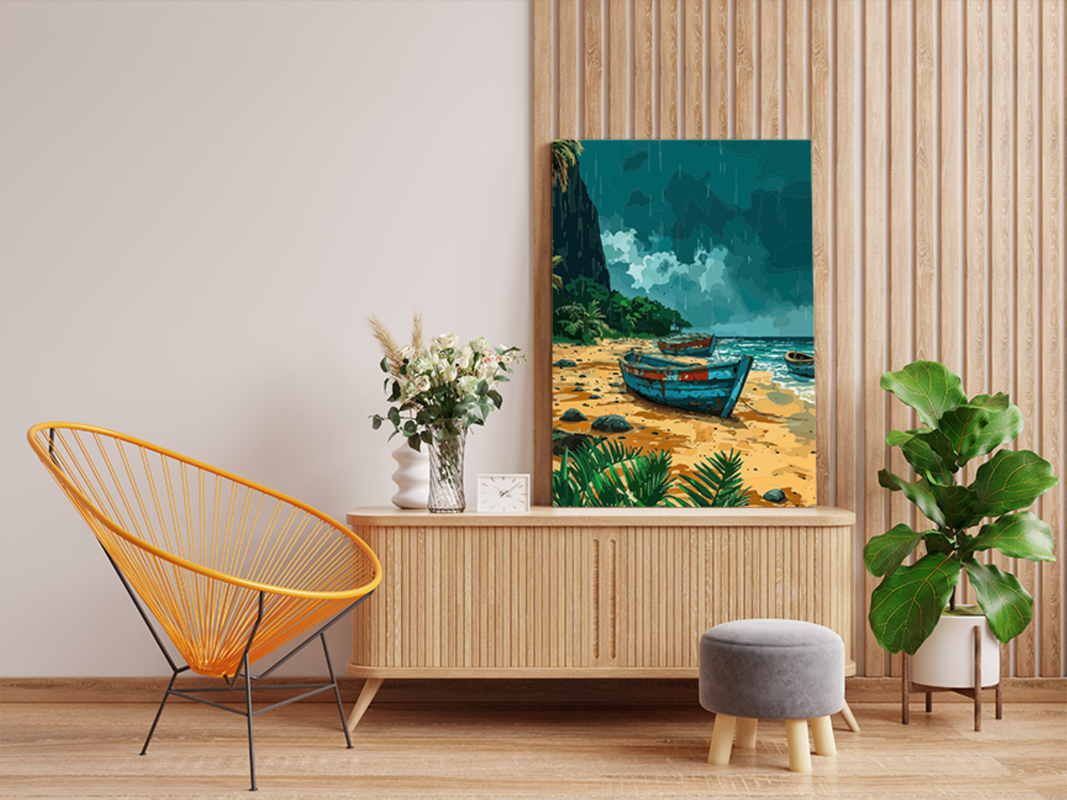 DIY PBN Kit - Rainy Shoreline Boats Paint by Numbers Kit