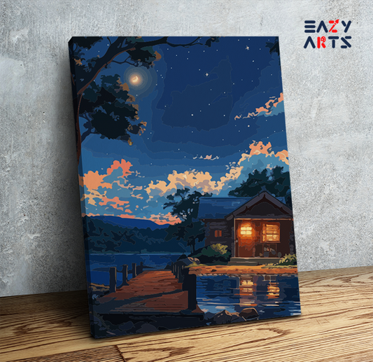 DIY Paint by numbers kit - Starlit Cabin by the Lake Paint by Numbers Kit