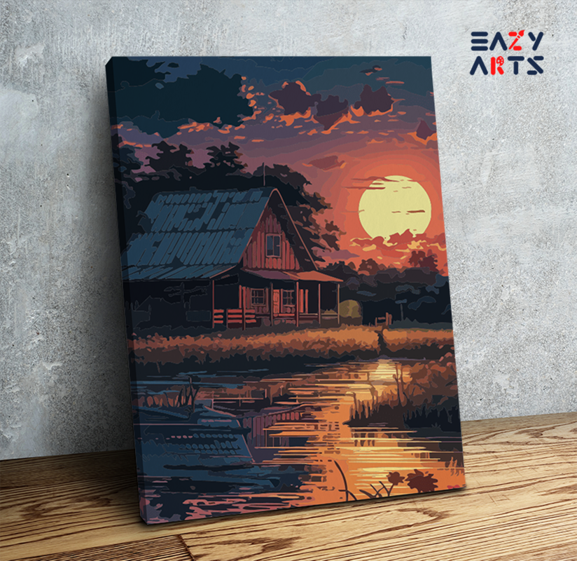 DIY Paint by numbers kit - Rustic Cabin Sunset by the Lake Paint by Numbers Kit