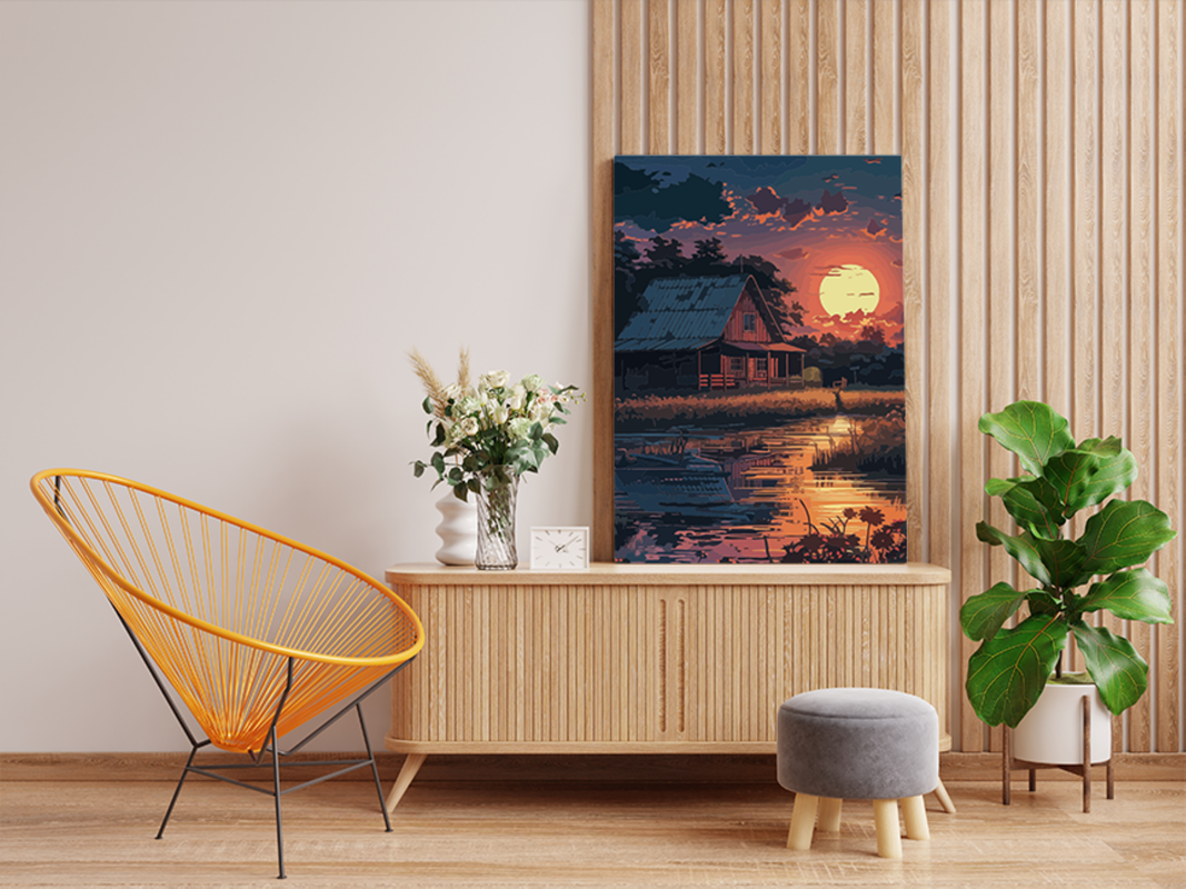 DIY PBN Kit - Rustic Cabin Sunset by the Lake Paint by Numbers Kit