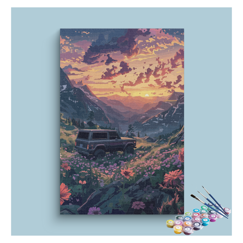 DIY Painting Kit -Mountain Adventure Sunset with SUV Paint by Numbers Kit