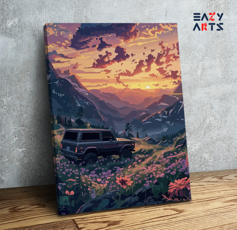 DIY Paint by numbers kit - Mountain Adventure Sunset with SUV Paint by Numbers Kit