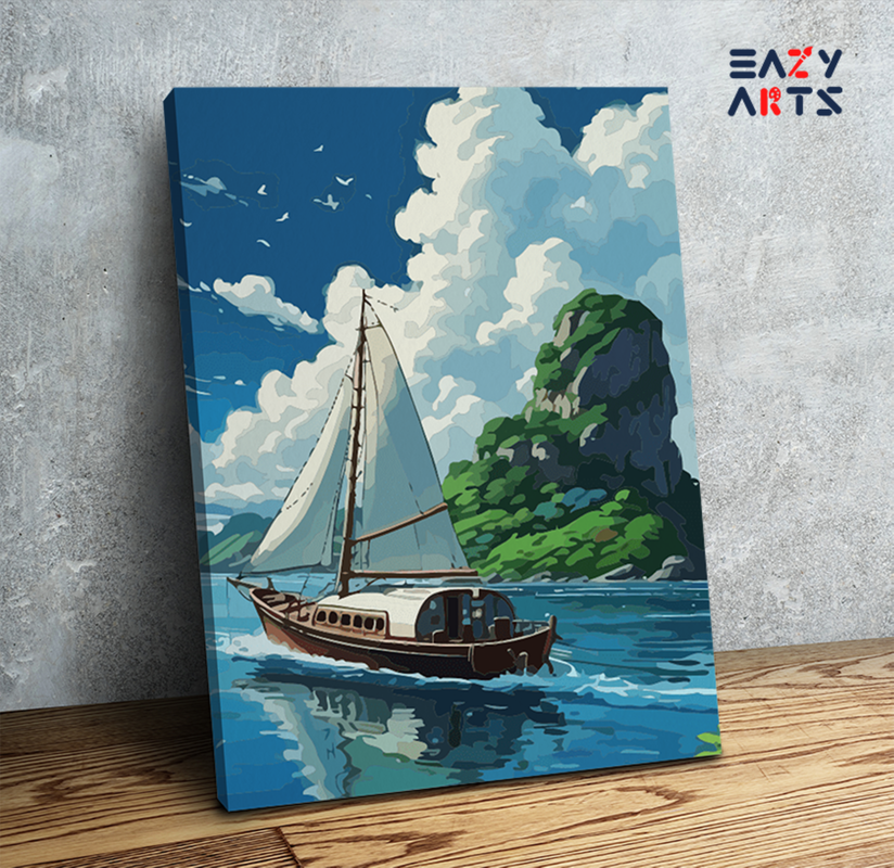 DIY Paint by numbers kit - Sailing Boat Tropical Island Paint by Numbers Kit