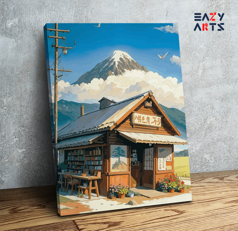 DIY Paint by numbers kit - Rustic Bookshop with Mountain View Paint by Numbers Kit