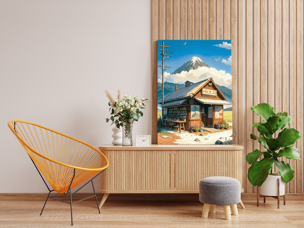 DIY PBN Kit - Rustic Bookshop with Mountain View Paint by Numbers Kit