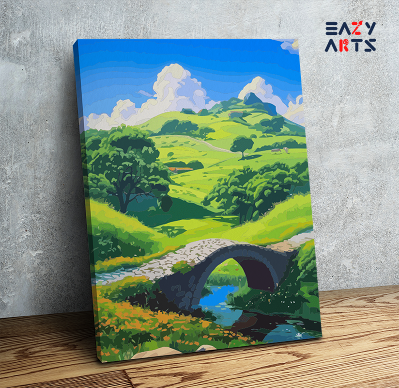 DIY Paint by numbers kit - Serenity in the Hills: Bridge and Meadows Paint by Numbers Kit