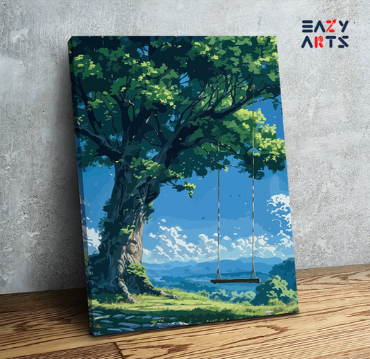 DIY Paint by numbers kit - Tranquil Tree Swing in Nature Landscape