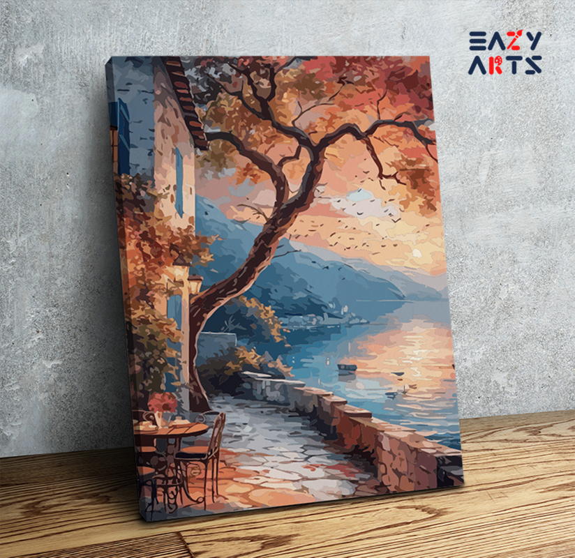 DIY Paint by numbers kit - Sunset by the Lakeside Café Paint by Numbers Kit