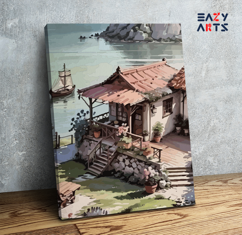 DIY Paint by numbers kit - Serene Lakeside Cottage Paint by Numbers Kit