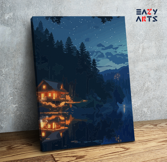 DIY Paint by numbers kit - Starry Night Cabin Reflection Paint by Numbers Kit