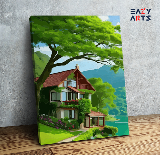 DIY Paint by numbers kit - Serene Lakeside Cottage Nature Paint by Numbers Kit