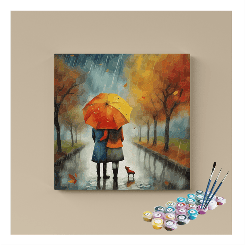 DIY Painting Kit -Cozy Walk in the Rain: Autumn Companions Paint by Numbers Kit