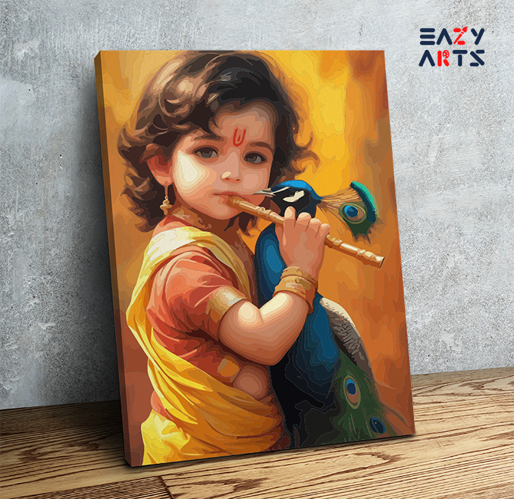 DIY Paint by numbers kit - Child Krishna with Flute and Peacock Paint by Numbers Kit