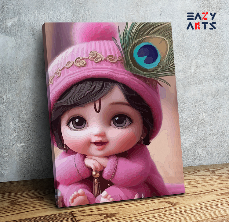 DIY Paint by numbers kit - Adorable Krishna: Baby Krishna in Pink with Peacock Feather Paint by Numbers Kit