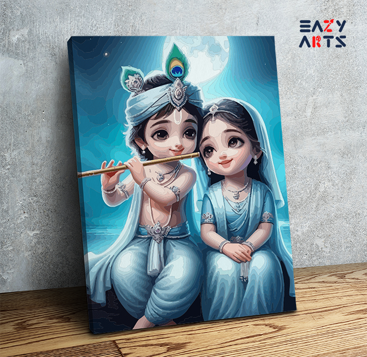DIY Paint by numbers kit - Heavenly Harmony: Baby Krishna and Radha Under the Moon Paint by Numbers Kit