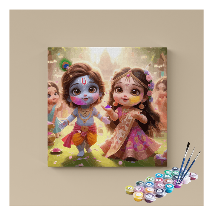 DIY Painting Kit - Playful Holi Celebration: Krishna and Radha in Their Childhood - Paint by Numbers Kit