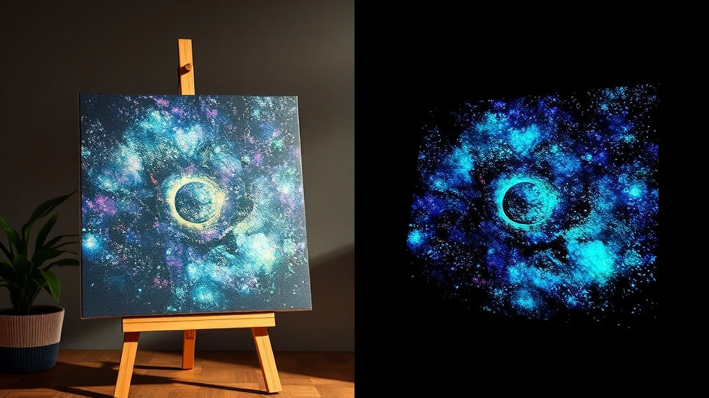 Glow in the dark painting showing day view and glowing night view side by side