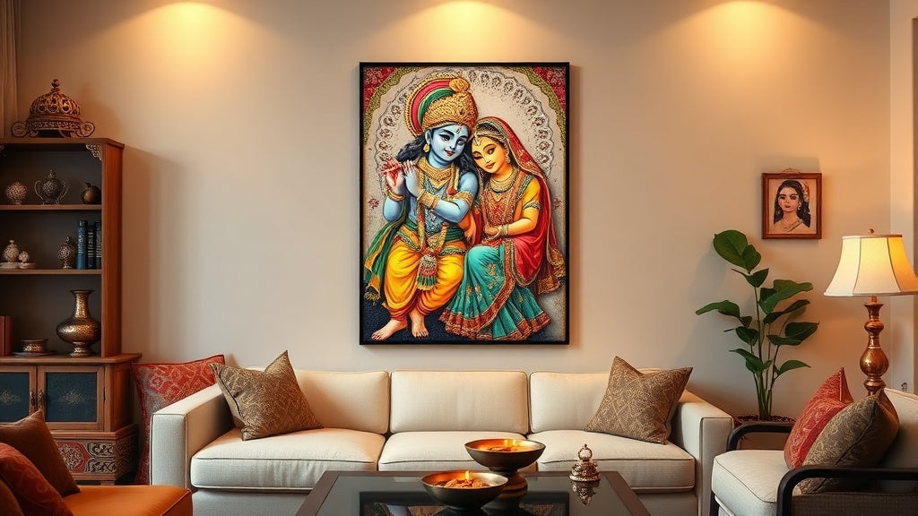 Completed Radha Krishna paint by numbers painting displayed on a wall in an Indian living room