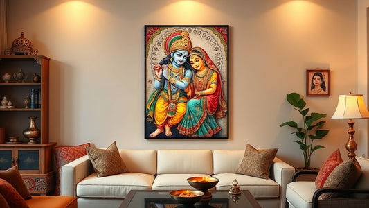 Completed Radha Krishna paint by numbers painting displayed on a wall in an Indian living room