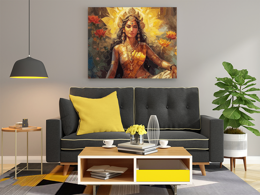Goddess Lakshmi paint by numbers painting displayed in a living room for Diwali