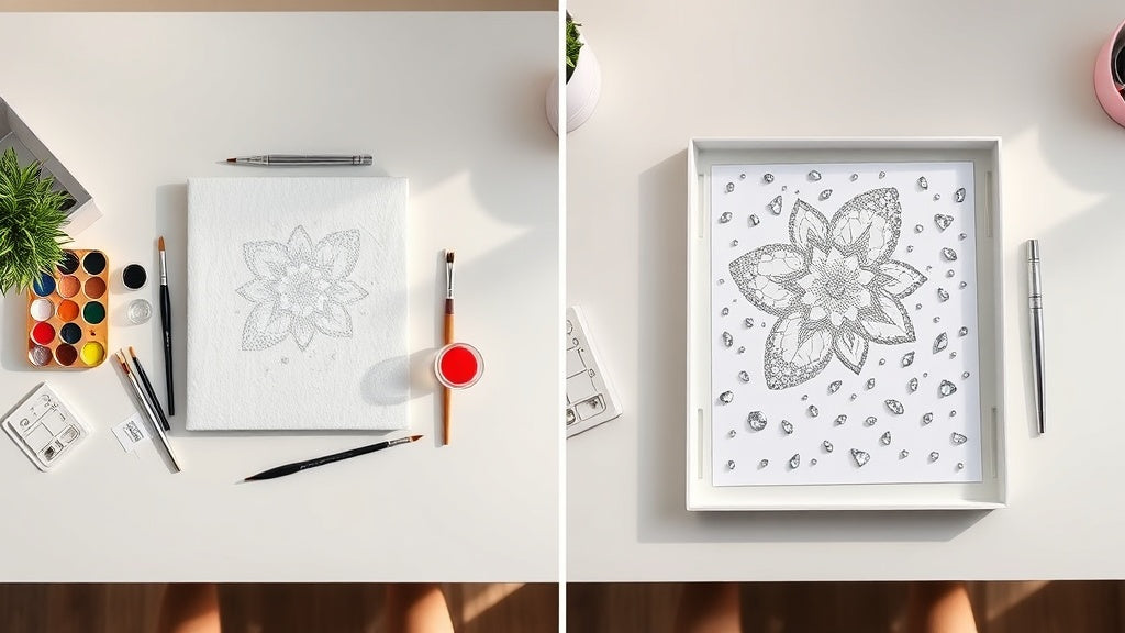 Side by side comparison of paint by numbers kit and diamond painting kit on a desk