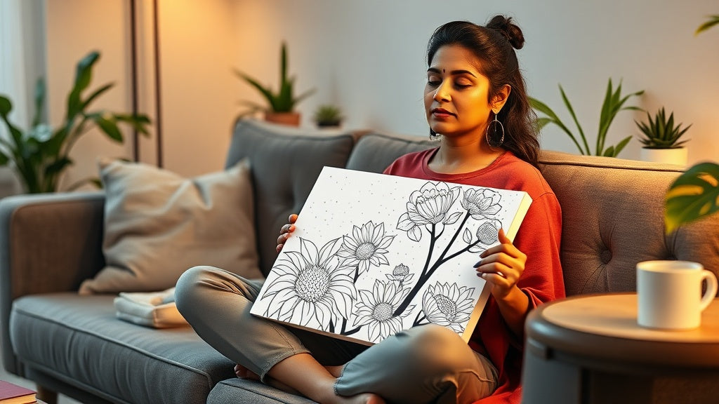 Woman relaxing on a sofa while painting a paint by numbers canvas at home