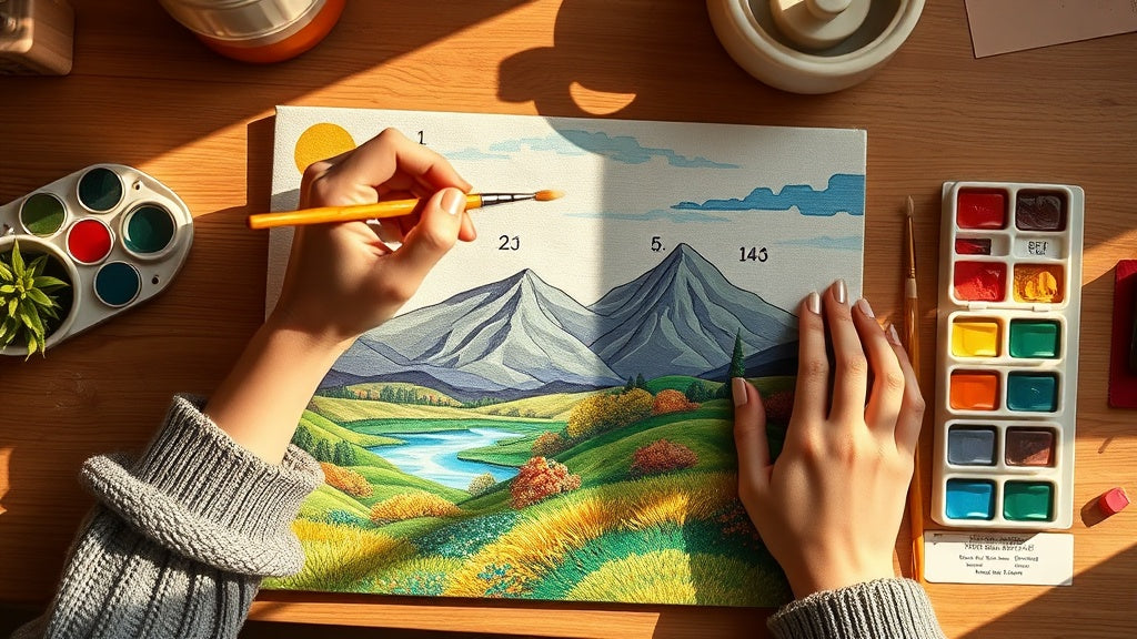 Hands painting a colorful landscape on a paint by numbers canvas with acrylic paints and brushes