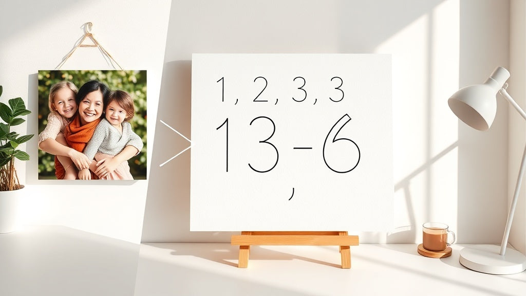 Photo to paint by numbers transformation showing original photo, numbered outline, and painted result
