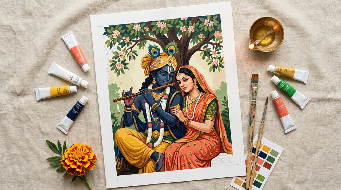 Finished Radha Krishna paint by numbers canvas on a linen flat-lay with paint tubes, brushes, brass diya and a marigold — Eazy Arts