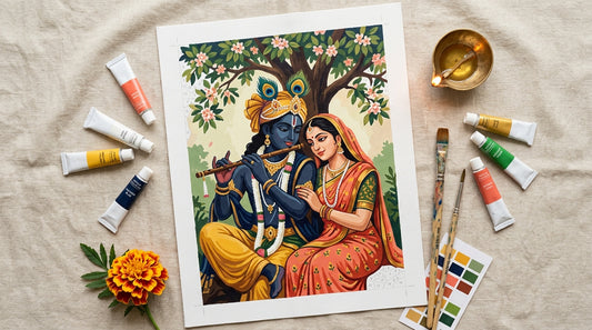Finished Radha Krishna paint by numbers canvas on a linen flat-lay with paint tubes, brushes, brass diya and a marigold — Eazy Arts