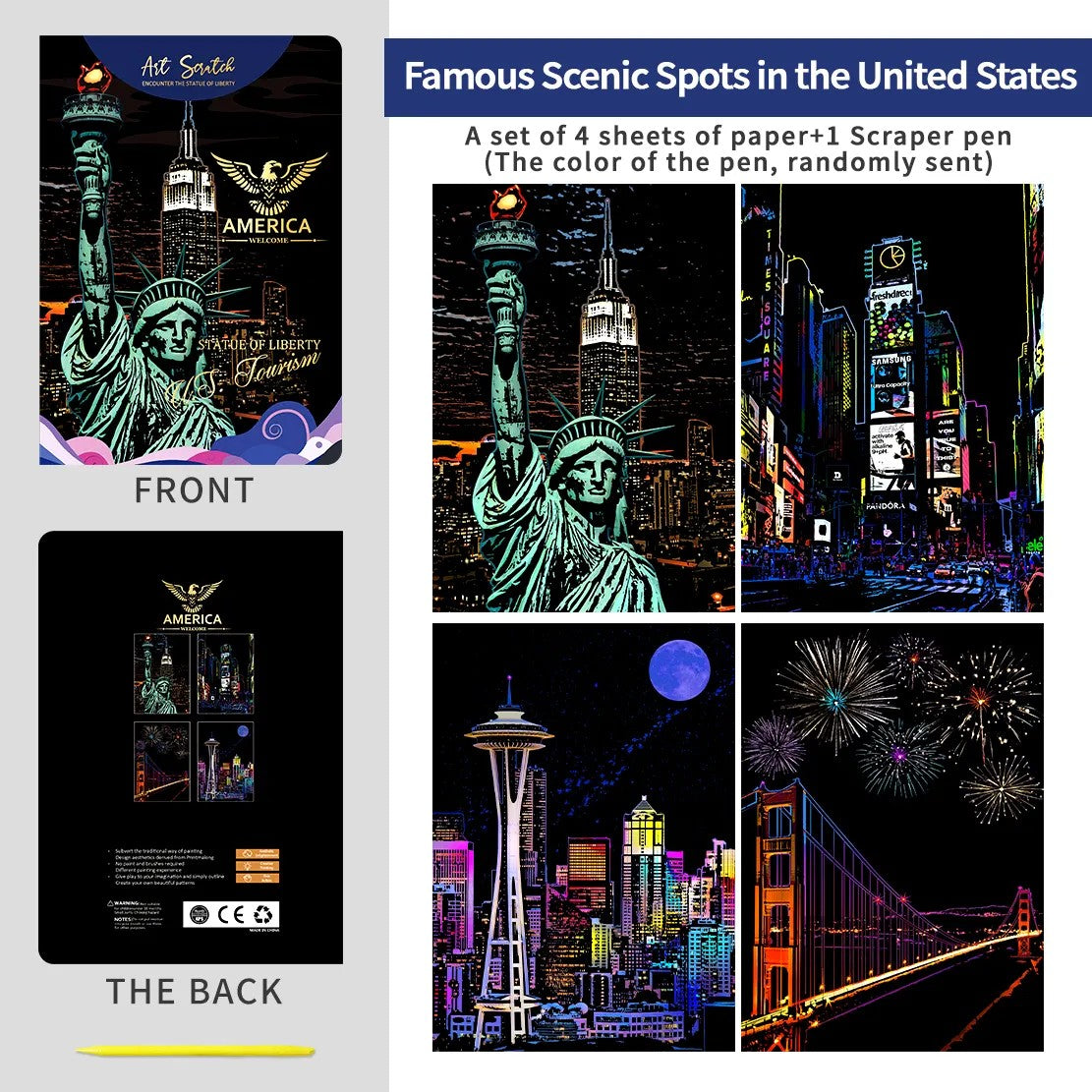 Famous US Landmarks Scratch Painting Kit – Statue of Liberty, Times Square & More