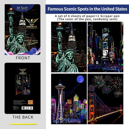 Famous US Landmarks Scratch Painting Kit – Statue of Liberty, Times Square & More