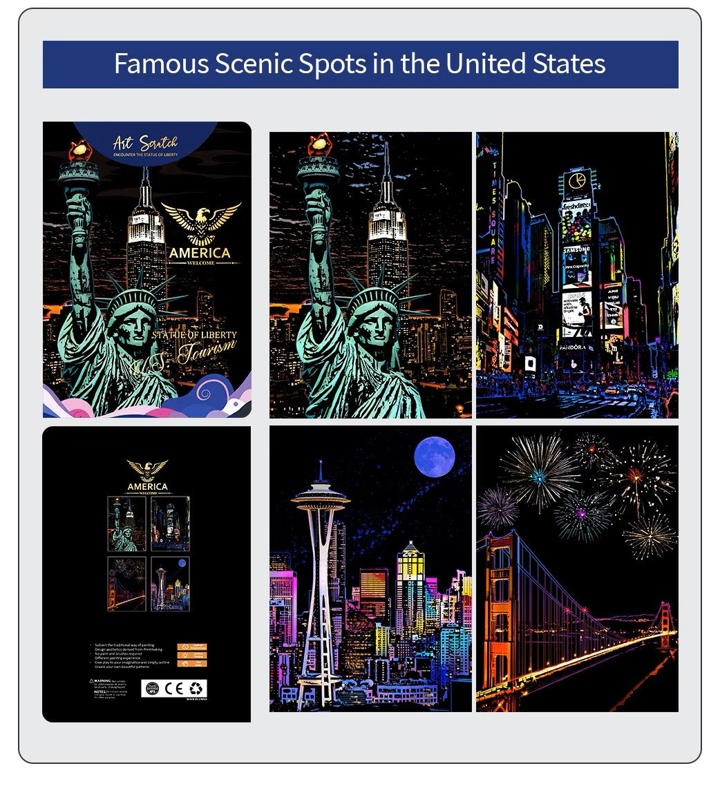 Famous US Landmarks Scratch Painting Kit – Statue of Liberty, Times Square & More