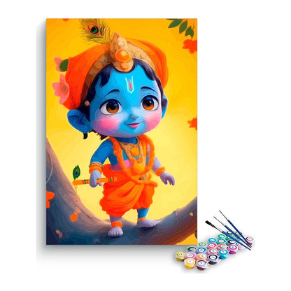 Cute Baby Krishna in Orange Paint by Numbers Kit – DIY Acrylic Painting Kit for Adults
