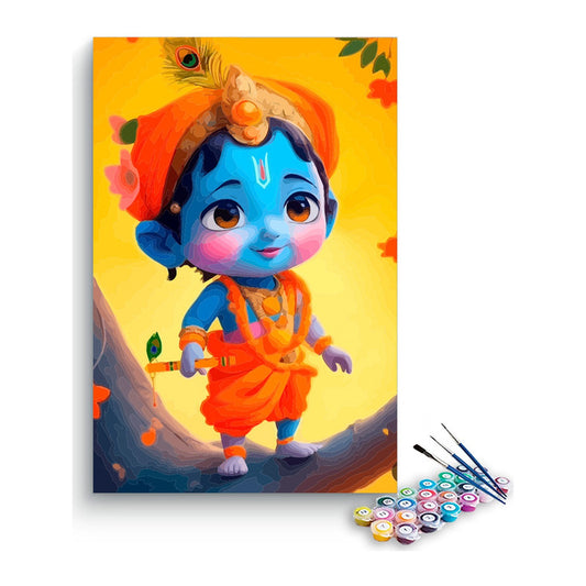 Cute Baby Krishna in Orange Paint by Numbers Kit – DIY Acrylic Painting Kit for Adults