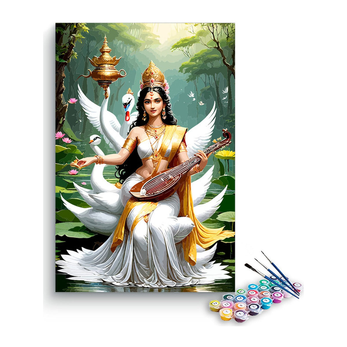 Goddess Saraswati with Veena and Swans Paint by Numbers Kit – DIY Acrylic Painting Kit for Adults