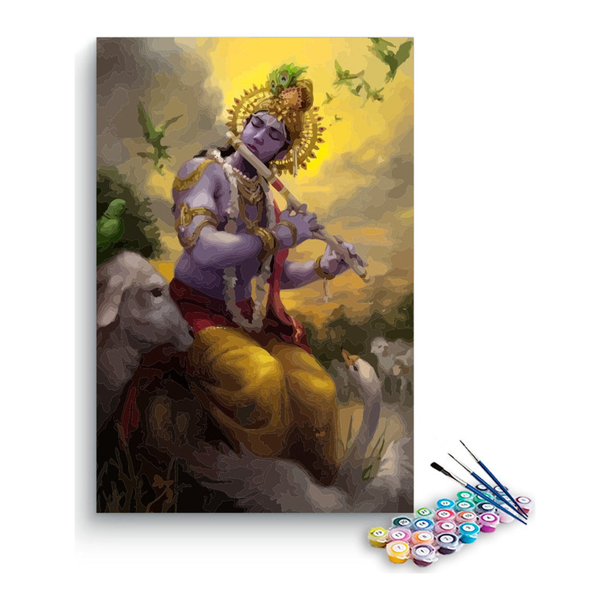 Krishna Playing Flute with Birds Paint by Numbers Kit – DIY Acrylic Painting Kit for Adults